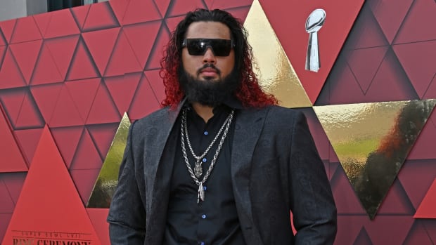 Jun 15, 2023; Kansas City, MO, USA; Kansas City Chiefs Darian Kinnard during the Kansas City Chiefs Super Bowl Red Carpet Ceremony at Union Station. Mandatory Credit: Peter Aiken-USA TODAY Sports